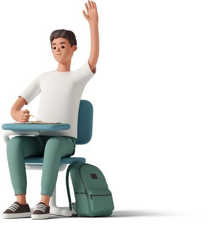 casual-life-3d-male-student-sitting-at-green-desk-and-raising-his-hand